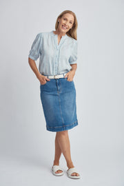 Knee Length Denim Skirt - Light Blue
