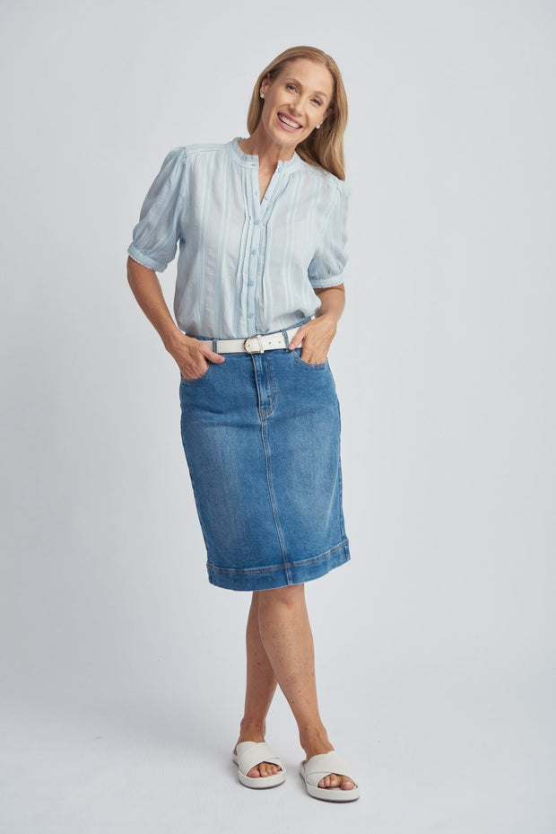 Knee Length Denim Skirt - Light Blue
