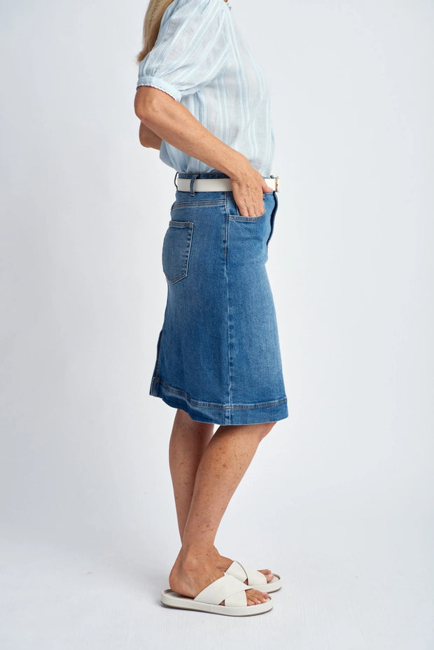 Knee Length Denim Skirt - Light Blue