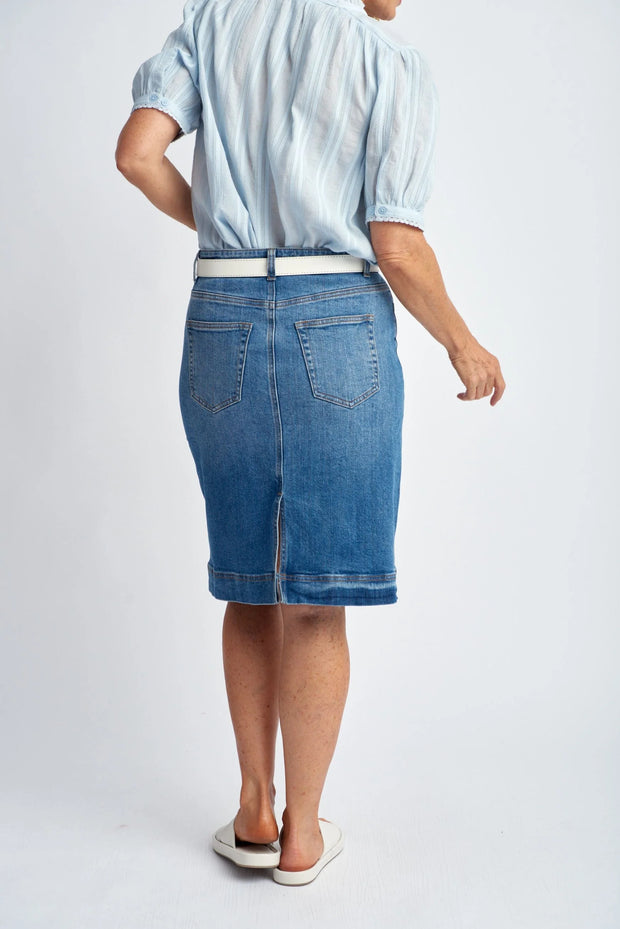 Knee Length Denim Skirt - Light Blue