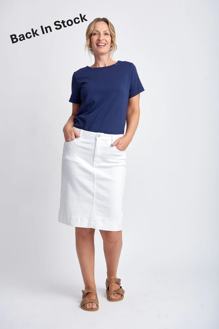 Denim Knee Length Skirt - White