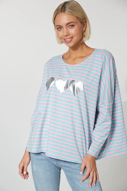 Mala Arcadia Heart T-Shirt HEart Stripes Aqua Pink Haven 
