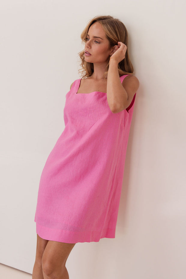 Linen Square Neck Shift - Pink