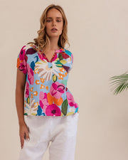 Kaleido Linen Short Sleeve Top - Bloom Burst