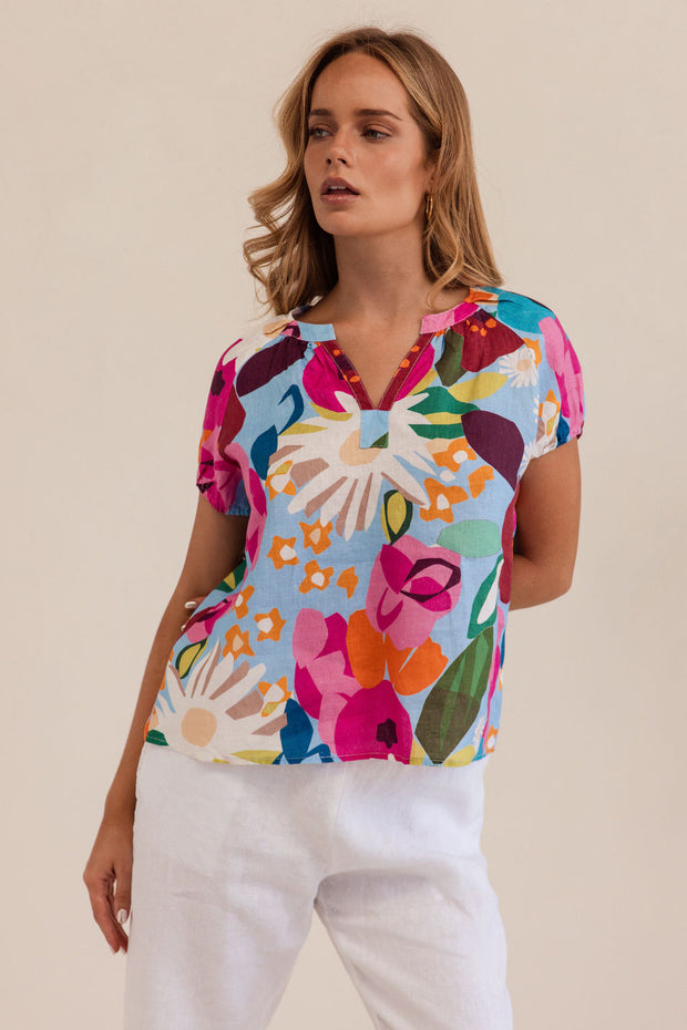 Kaleido Linen Short Sleeve Top - Bloom Burst