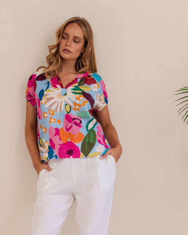 Kaleido Linen Short Sleeve Top - Bloom Burst