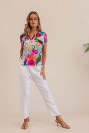 Kaleido Linen Short Sleeve Top - Bloom Burst