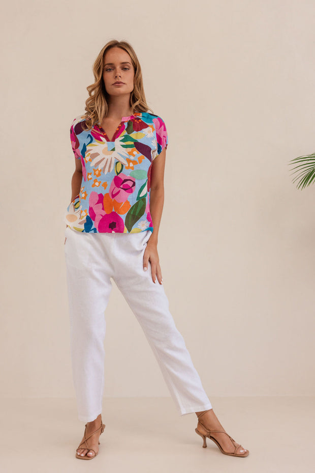 Kaleido Linen Short Sleeve Top - Bloom Burst