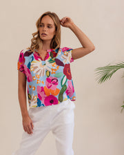 Kaleido Linen Short Sleeve Top - Bloom Burst