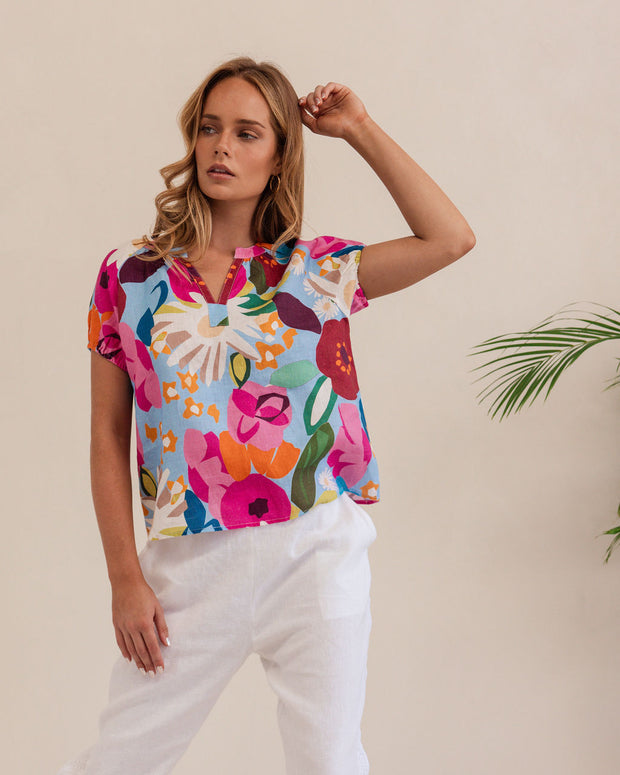 Kaleido Linen Short Sleeve Top - Bloom Burst