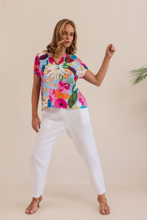 Kaleido Linen Short Sleeve Top - Bloom Burst