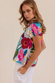 Kaleido Linen Short Sleeve Top - Bloom Burst