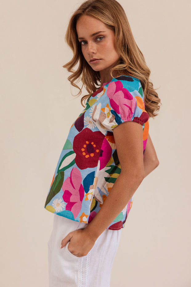 Kaleido Linen Short Sleeve Top - Bloom Burst
