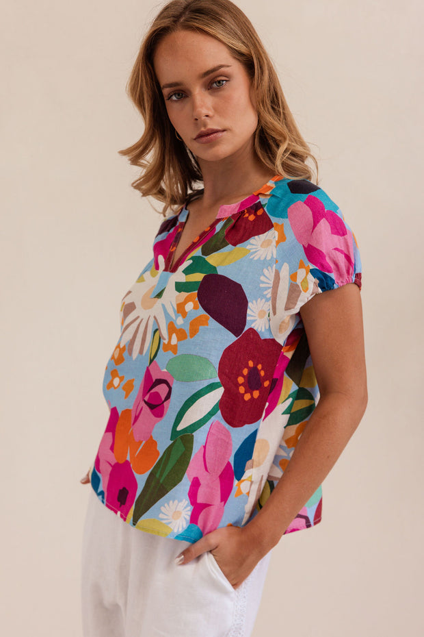 Linen Short Sleeve Top - Bloom Burst