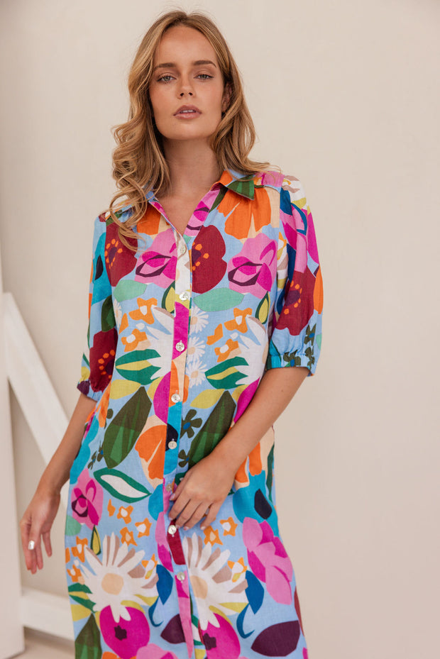 Linen Shirt Dress - Bloom Burst