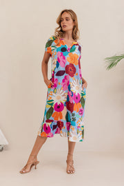 Kaleido Linen Short Sleeve Dress - Bloom Burst