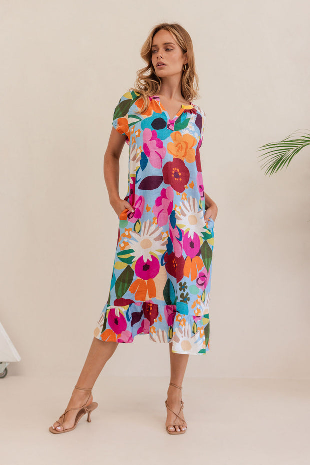 Kaleido Linen Short Sleeve Dress - Bloom Burst