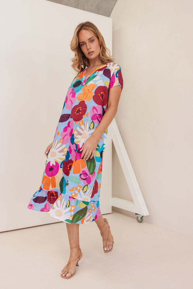 Kaleido Linen Short Sleeve Dress - Bloom Burst