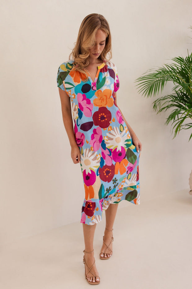 Kaleido Linen Short Sleeve Dress - Bloom Burst