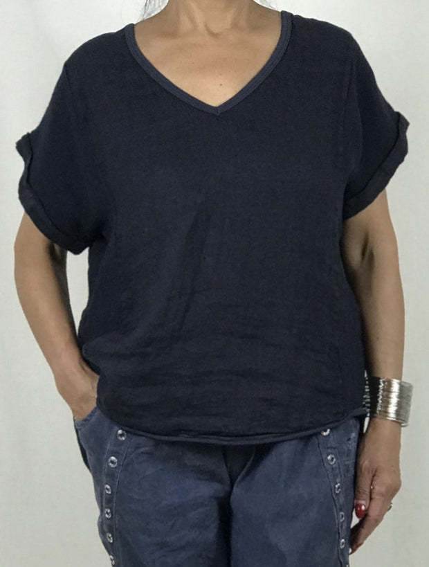 Cotton V Neck Top - Navy