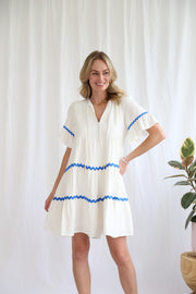 Shareen White Blue Stripe Short Dress