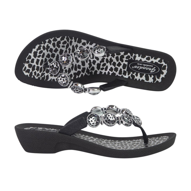 Grandco Sandals Leopard Crystal Thong - Black